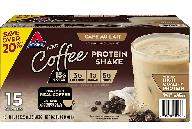 Atkins 15g Iced Coffee Protein Shake, Café Au Lait (11 fl. oz. 15 pk.)