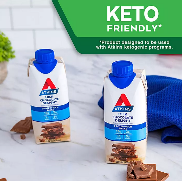 Atkins Gluten Free Protein-Rich Shake, Milk Chocolate Delight, Keto Friendly (15 pk.)