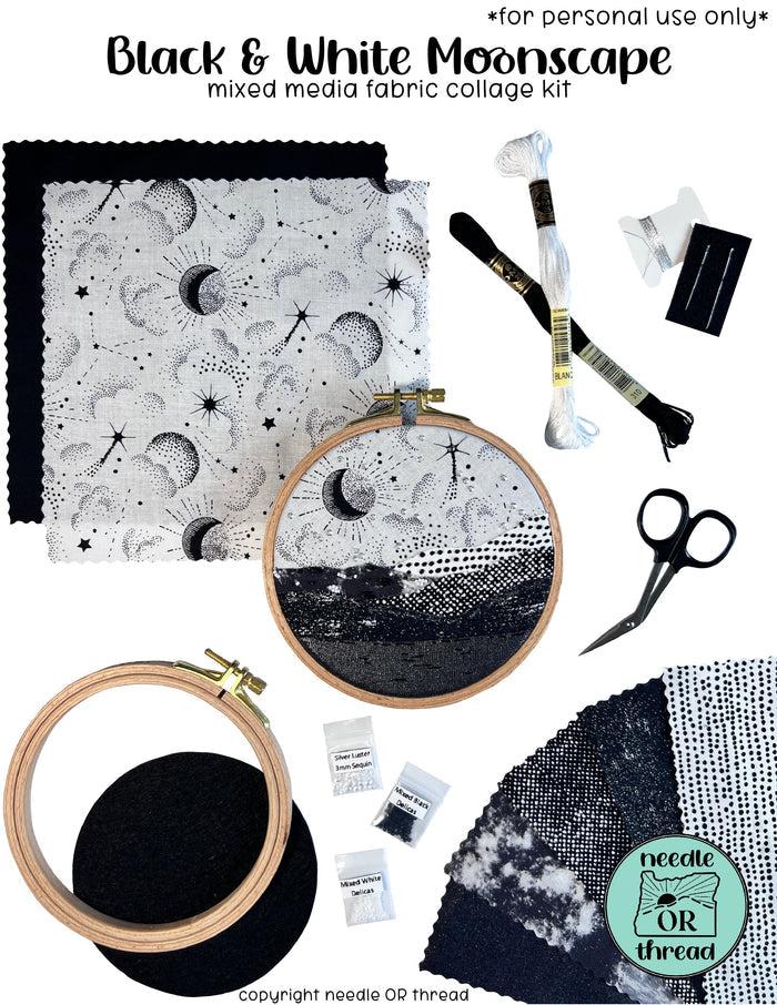 Black & White Moonscape Fabric Collage Kit | Needle OR Thread