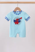 Blue character embroidery romper