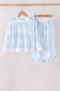 Blue floral bow checkered mom&me pants set