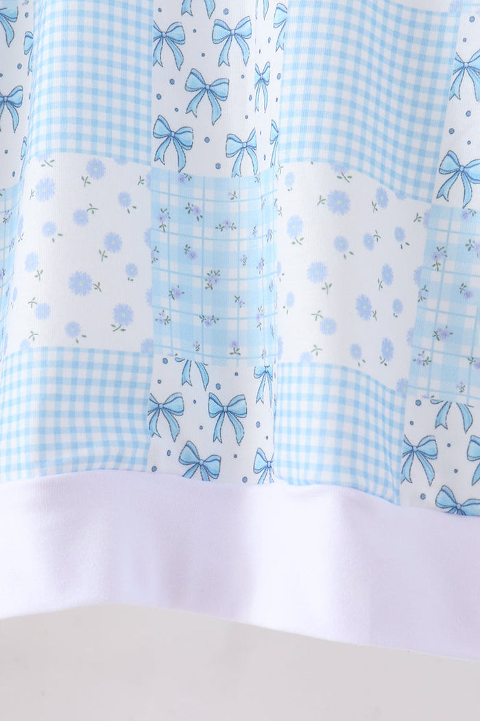 Blue floral bow checkered mom&me pants set