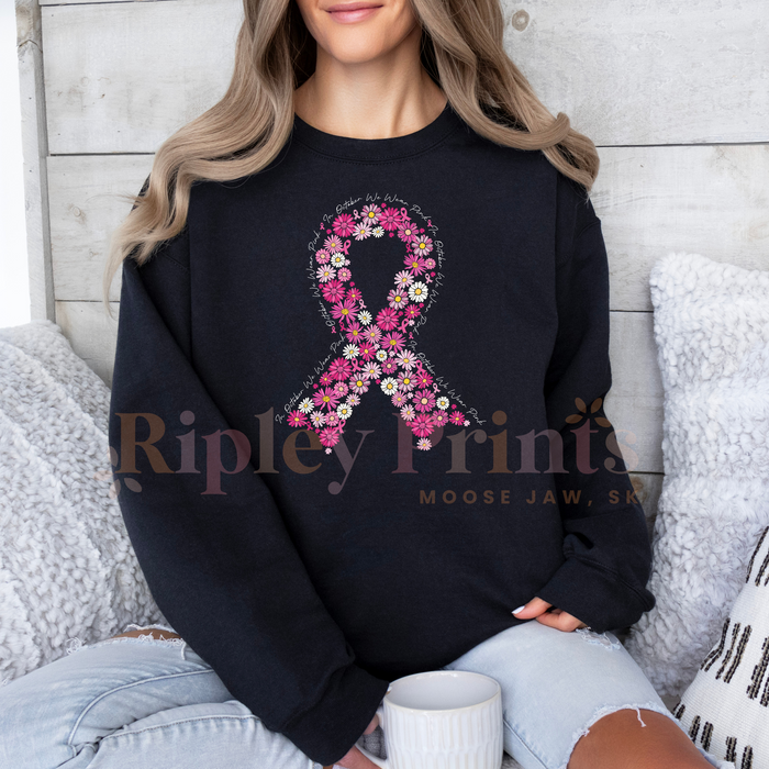 Breast Cancer Awareness Floral Ribbon Crewneck