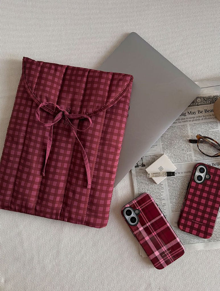 Burgundy Gingham Quilted Bow Laptop Sleeve Laptop Cases Skinnydip London