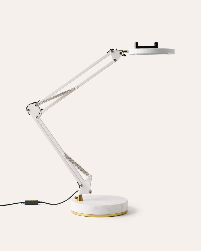 White adjustable Canvas LED desk lamp with a marble base