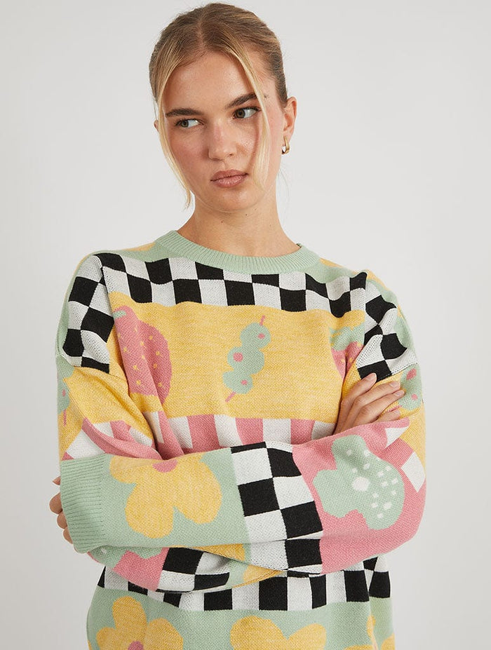 Checkerboard Strawberry and Olive Knitted Jumper Jumpers & Cardigans Skinnydip London