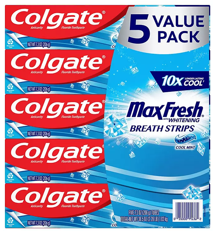 Colgate Max Fresh Toothpaste with Mini Breath Strips, Cool Mint (7.3 oz., 5 pk)