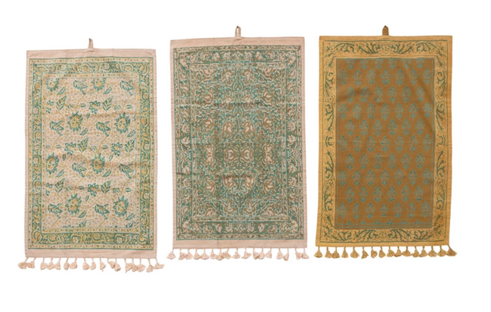 Cotton Printed Tea Towel w/ Design, Tassels & Loop, Multi Color