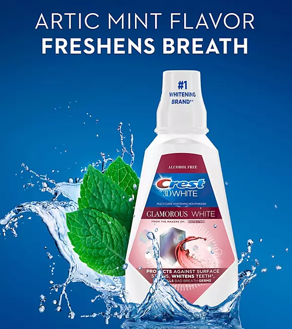 Crest 3D White Glamorous White Alcohol Free Whitening Mouthwash, Arctic Mint (32 fl. oz., 2 pk.)