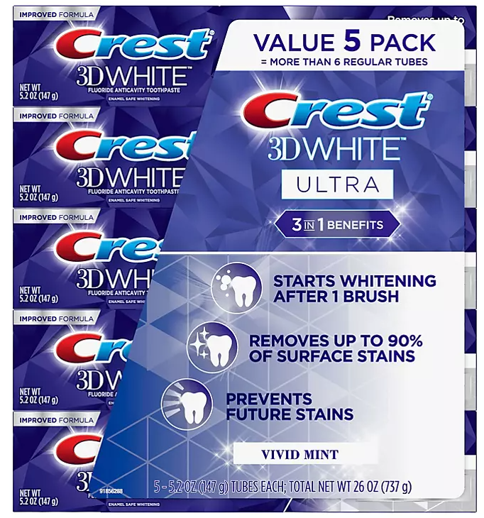 Crest 3D White Ultra Whitening Toothpaste, Vivid Mint (5.2 oz., 5 pk.)