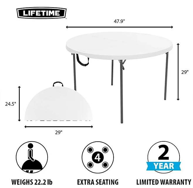 Lifetime 48" Fold-in-Half Round Commercial Grade Table, White Granite