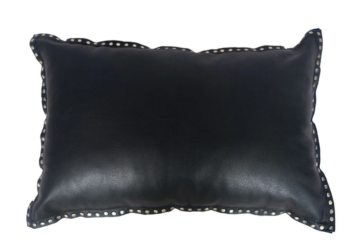 Midnight Black Leather Studded Flanged Lumbar Pillow