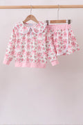 Pink Floral Bow Lace Skorts Set