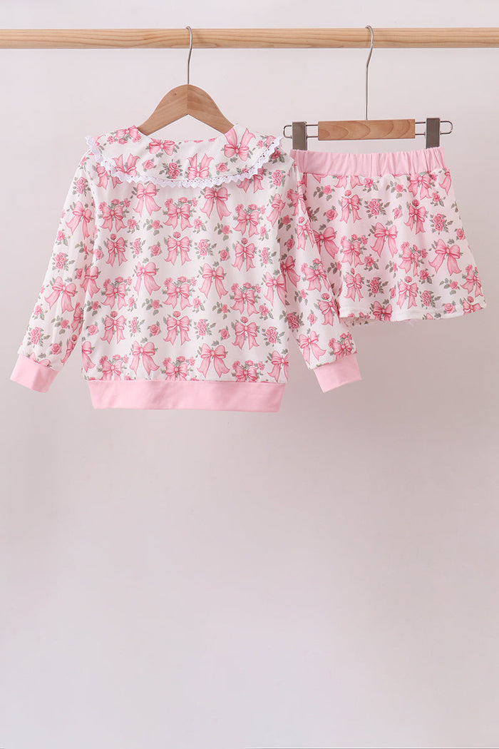 Pink Floral Bow Lace Skorts Set