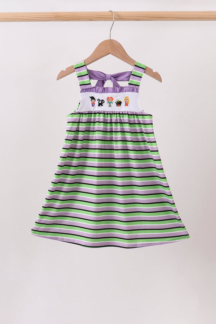 Purple witch embroidery bow stripe dress