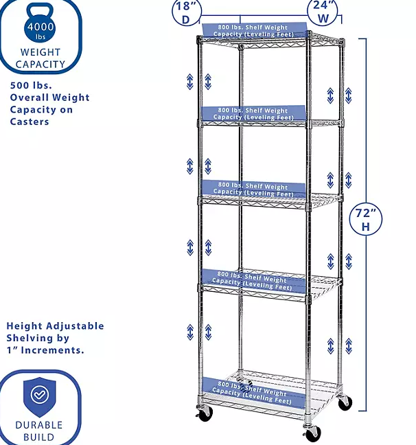 Seville Classics NSF 5-Tier Steel Wire Shelving, 24" x 18" x 72" H