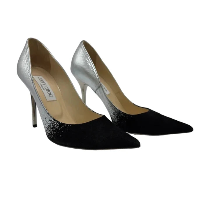 Shoes Luxury Designer By Jimmy Choo In Black & Silver, Size: 7