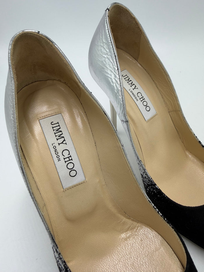 Shoes Luxury Designer By Jimmy Choo In Black & Silver, Size: 7
