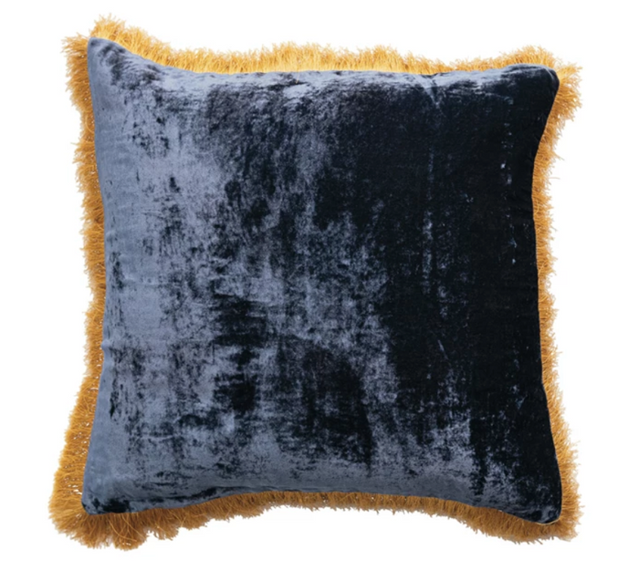 Square Fabric Blend Pillow w/ Fringe, Navy & Gold Color