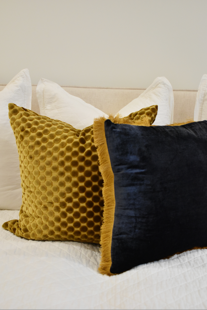 Square Fabric Blend Pillow w/ Fringe, Navy & Gold Color