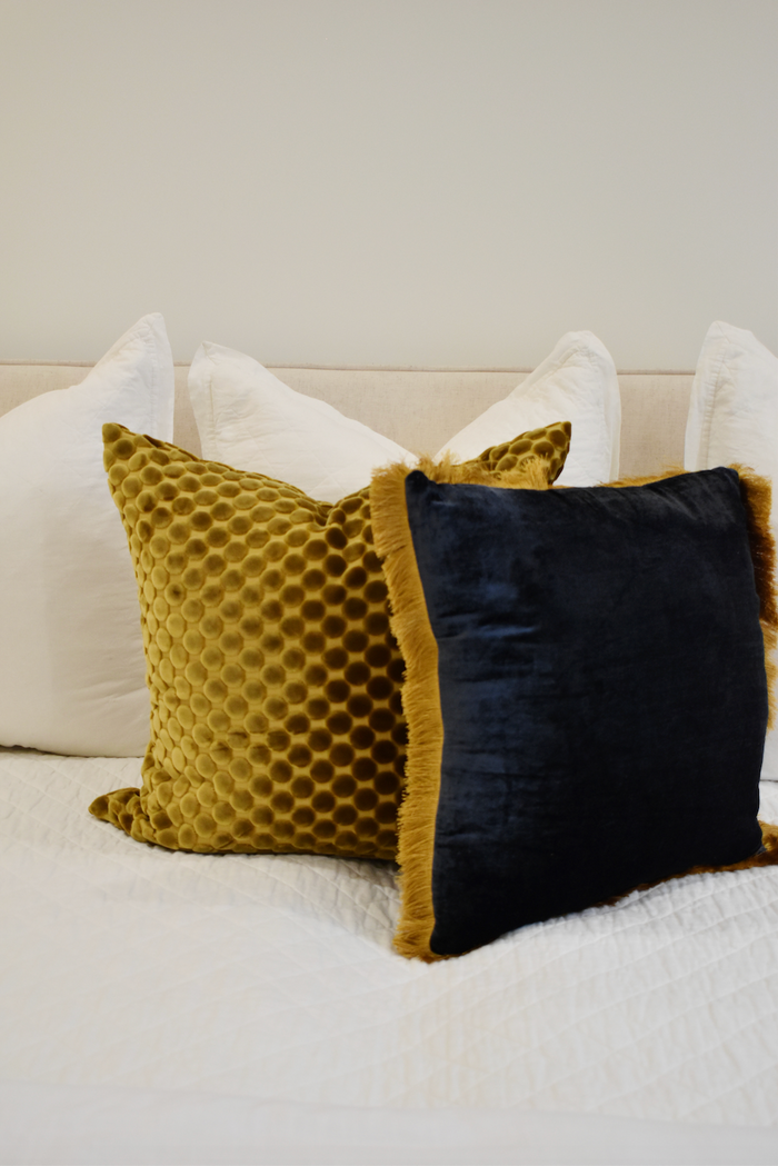 Square Fabric Blend Pillow w/ Fringe, Navy & Gold Color